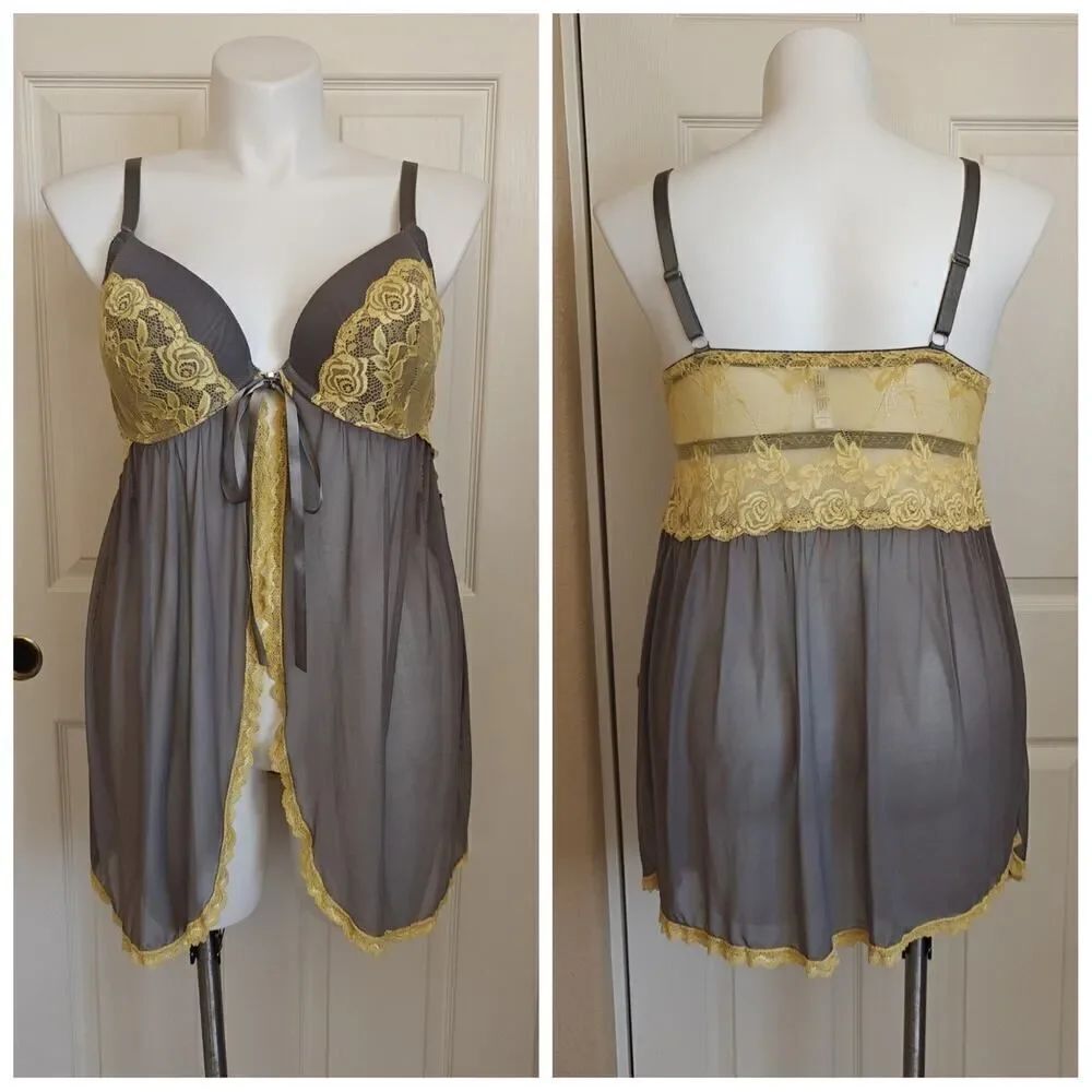 Sheer stretch mesh lacy overlay front clip lingerie sz 2X